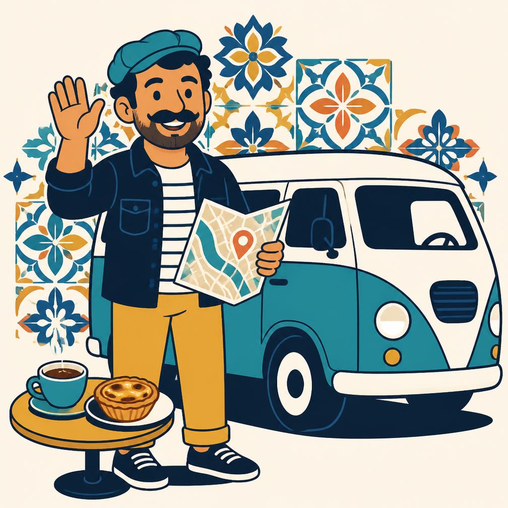 Friendly local driver waving next to his van with a map, coffee and pastel de nata