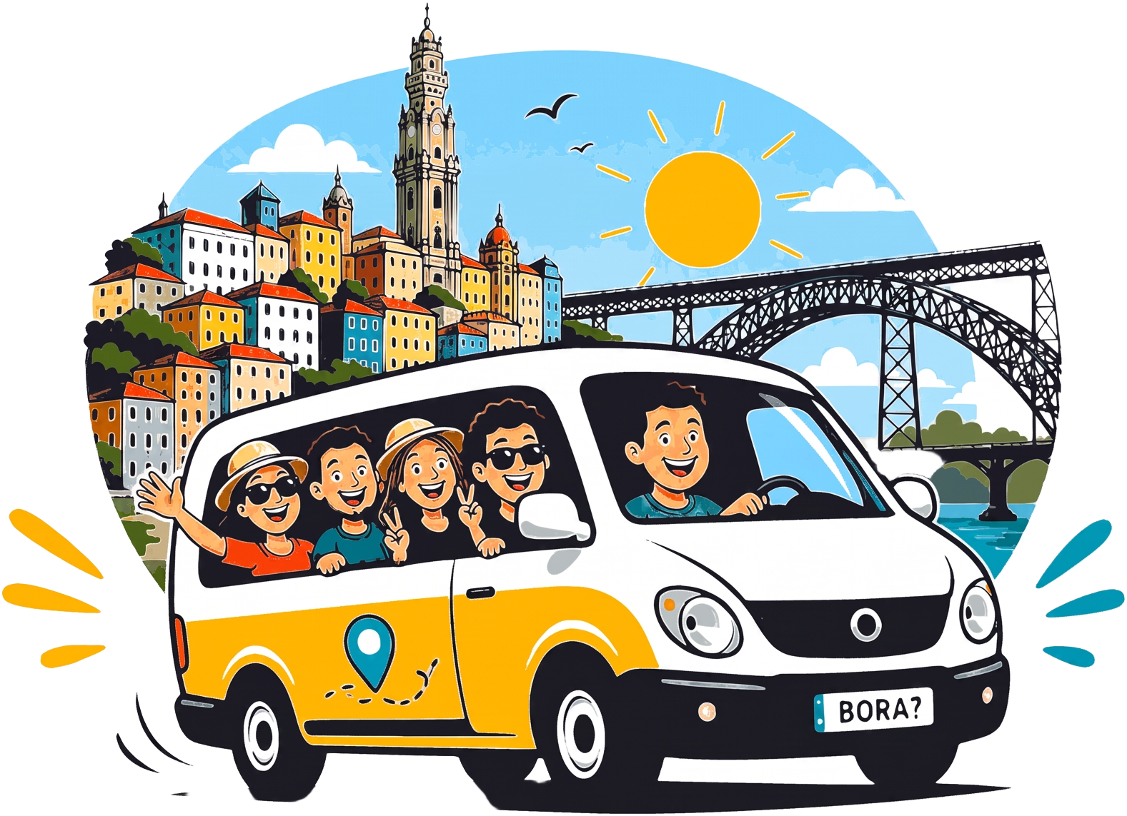 BoraMeetPorto van full of happy travellers by the Douro river with the Dom Luís bridge